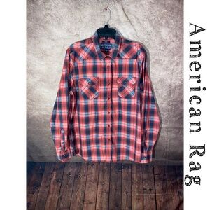 American Rag~Men's Long Sleeve Plaid Button down shirt~Red/Grey-size L-EUC